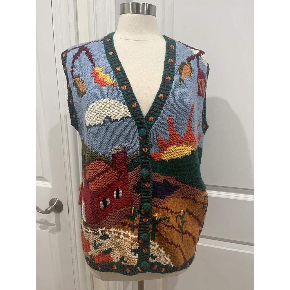 Vintage 1990s Arlando Autumn Fall Sweater Cardigan Size Large Barn Corn‎ Pumpkin